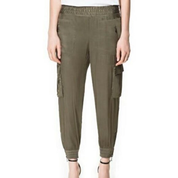 ZARA Olive Green Satin Cargo Joggers  Size XS - Picture 4 of 7